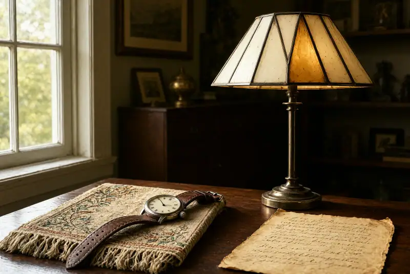 Ahşap masa üzerinde eski bir saat, Art Deco tarzı lamba, işlemeli vintage kumaş ve yazıları okunmayan antika bir belge