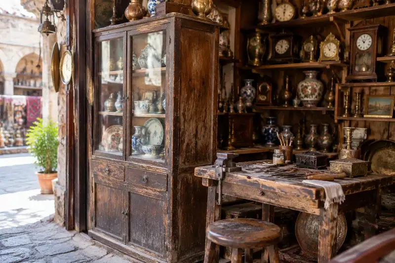 İstanbul’daki bir antikacıda eski ahşap dolap, onarım aletleri, vintage saatler ve seramikler