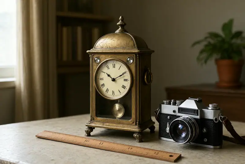 Santimetre cetveli ve fotoğraf makinesi yanında, değer tespiti için incelenen antika pirinç bir şömine saati.